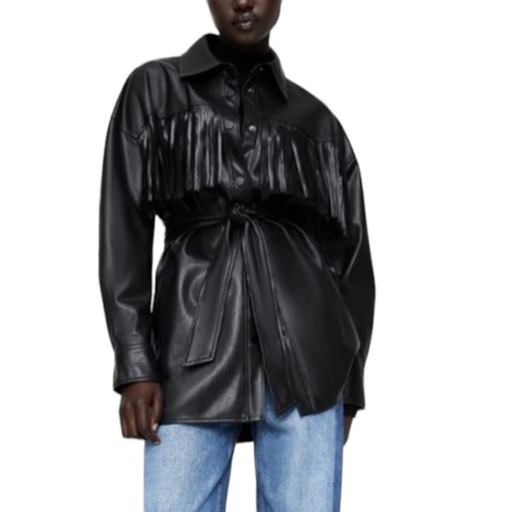 ZARA: NWT Black Faux Leather Fringe Jacket - Size Medium - Picture 5 of 16